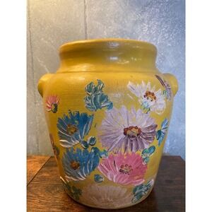 Vintage Hand Painted Yellow Floral Ceramic Crock Vase with Handles Folk Art